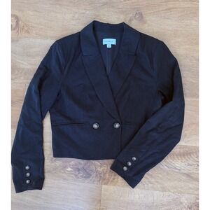 Evereve Womens Black‎ Cropped Linen Blazer Jacket Size S Career Business Preppy
